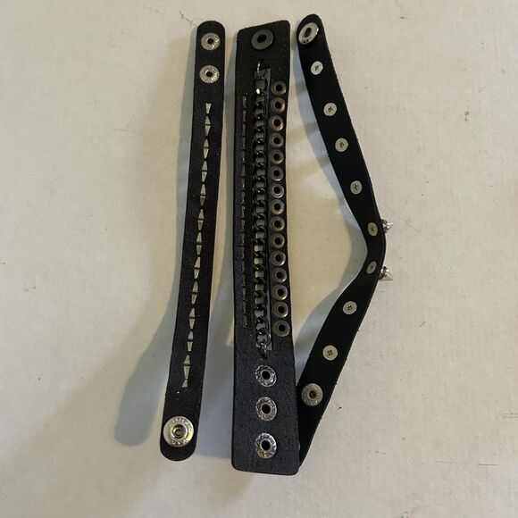 Punk Rock Studded Faux Leather Bracelet Set Spike Chain Wide Snap Cuff 3-Pack - Picture 3 of 9